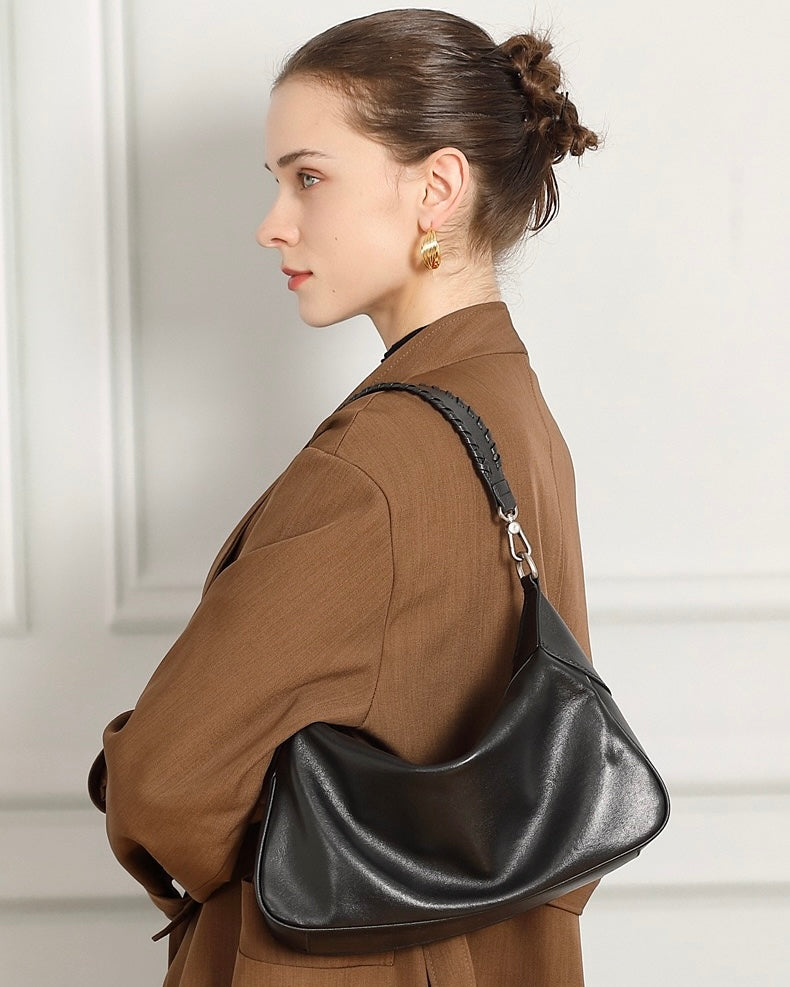 Braided-Handle Genuine Saddle Leather Hobo Bag for Refined Elegance