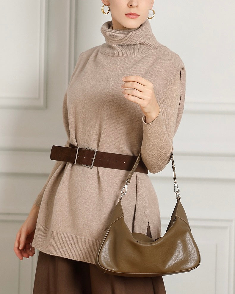 Braided-Handle Genuine Saddle Leather Hobo Bag for Refined Elegance