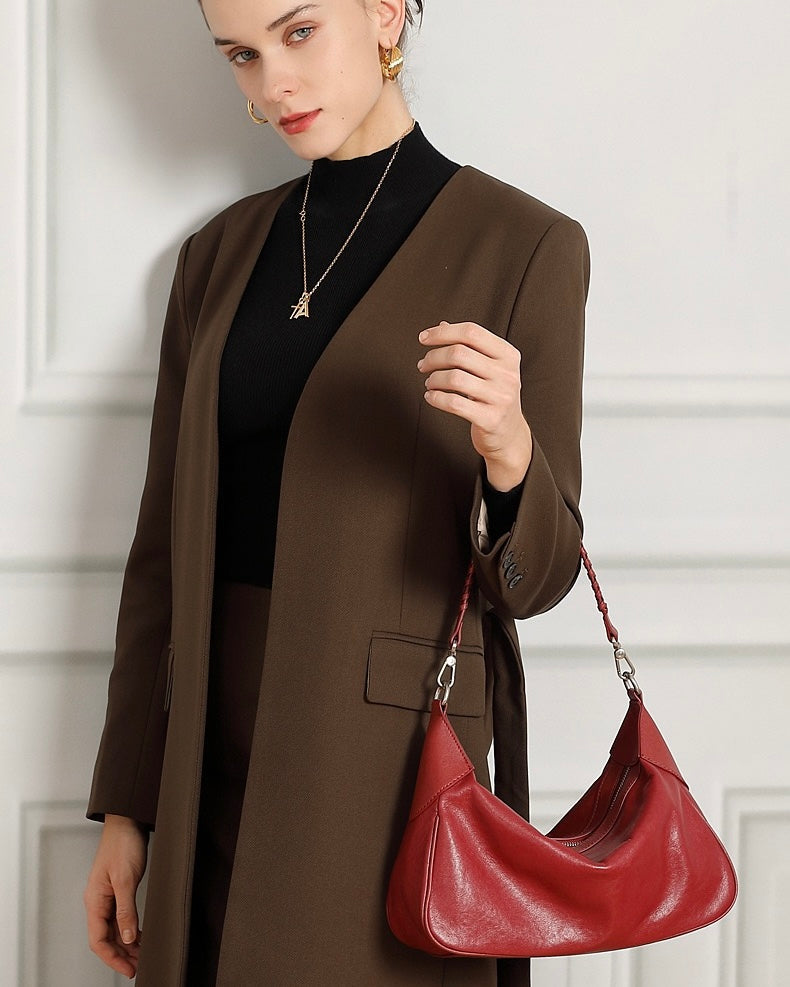 Braided-Handle Genuine Saddle Leather Hobo Bag for Refined Elegance