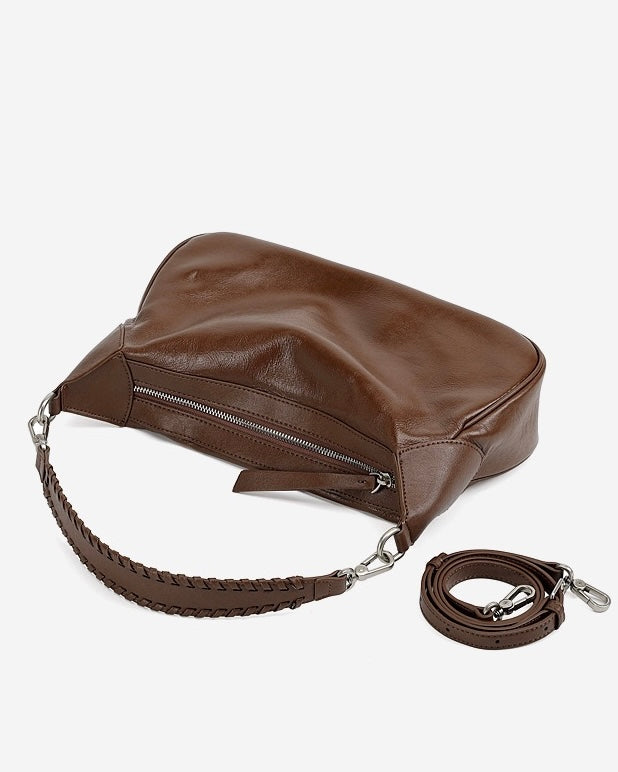 Braided-Handle Genuine Saddle Leather Hobo Bag for Refined Elegance