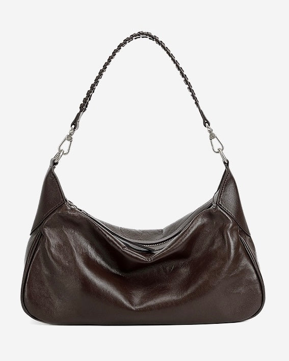Braided-Handle Genuine Saddle Leather Hobo Bag for Refined Elegance