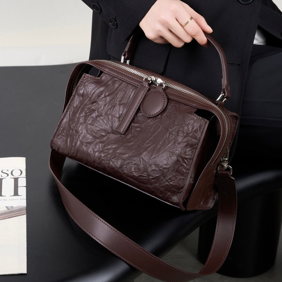 Crinkled Leather Boston Bag: Sophisticated Handheld & Crossbody Elegance