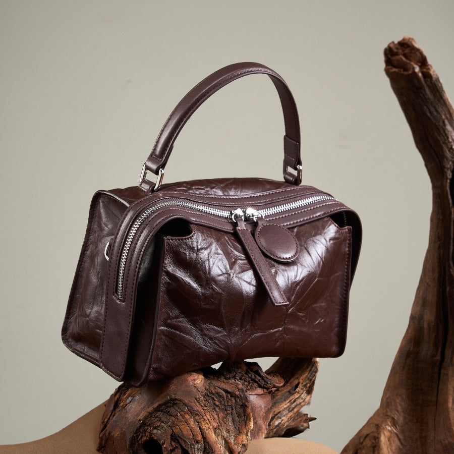 Crinkled Leather Boston Bag: Sophisticated Handheld & Crossbody Elegance
