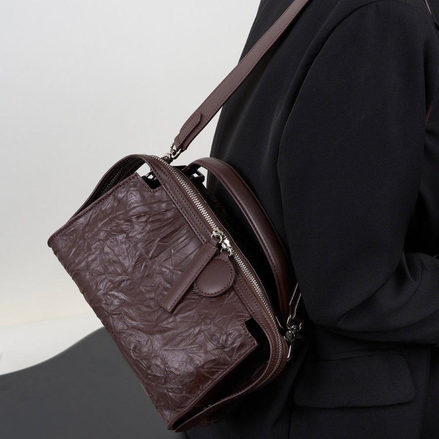 Crinkled Leather Boston Bag: Sophisticated Handheld & Crossbody Elegance
