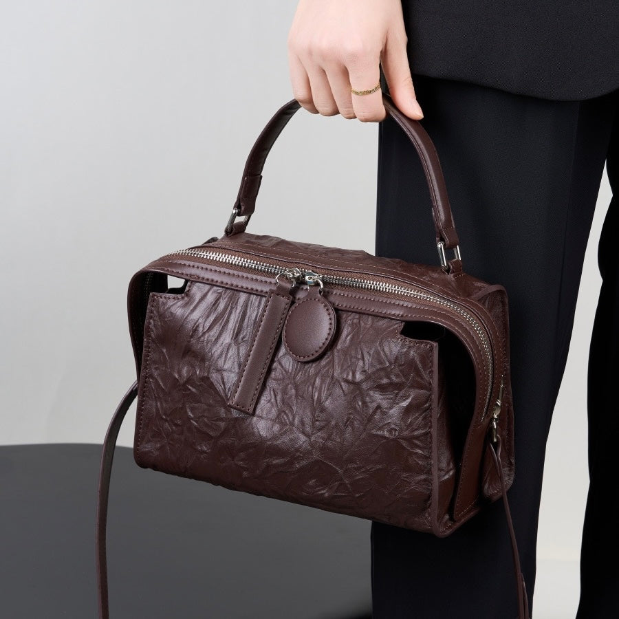 Crinkled Leather Boston Bag: Sophisticated Handheld & Crossbody Elegance