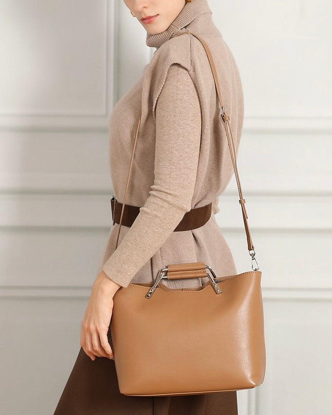 Genuine Leather Minimalist Arch-Handle Crossbody Bag