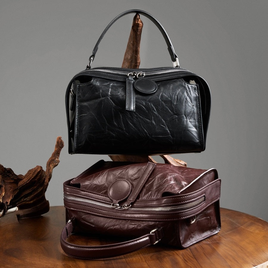 Crinkled Leather Boston Bag: Sophisticated Handheld & Crossbody Elegance
