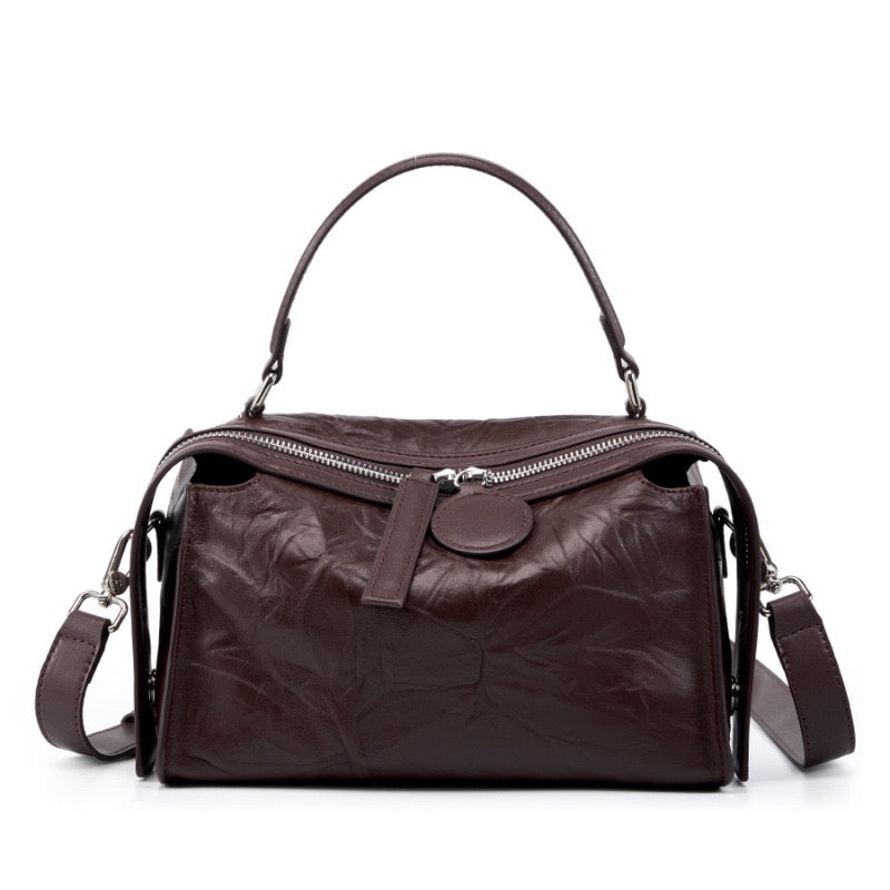 Crinkled Leather Boston Bag: Sophisticated Handheld & Crossbody Elegance