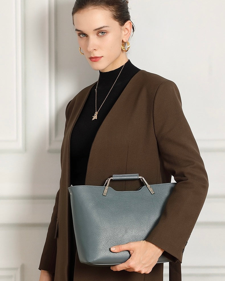 Genuine Leather Minimalist Arch-Handle Crossbody Bag