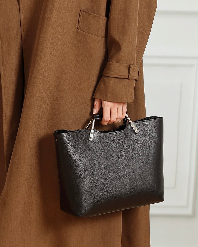 Genuine Leather Minimalist Arch-Handle Crossbody Bag