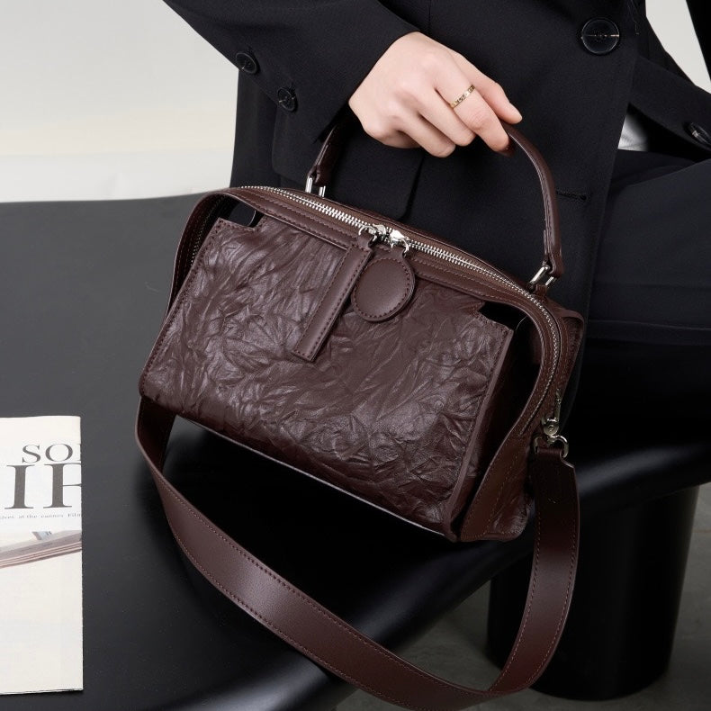 Crinkled Leather Boston Bag: Sophisticated Handheld & Crossbody Elegance