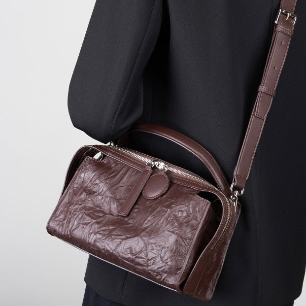 Crinkled Leather Boston Bag: Sophisticated Handheld & Crossbody Elegance
