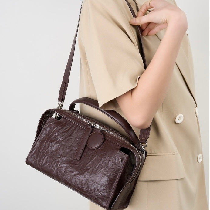 Crinkled Leather Boston Bag: Sophisticated Handheld & Crossbody Elegance