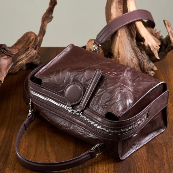 Crinkled Leather Boston Bag: Sophisticated Handheld & Crossbody Elegance