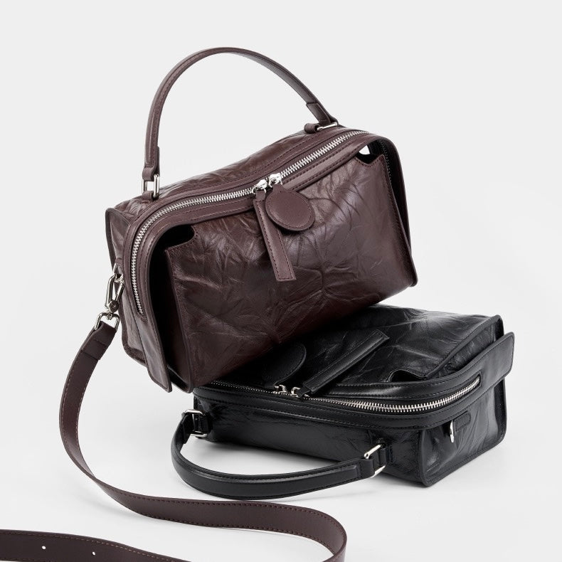 Crinkled Leather Boston Bag: Sophisticated Handheld & Crossbody Elegance