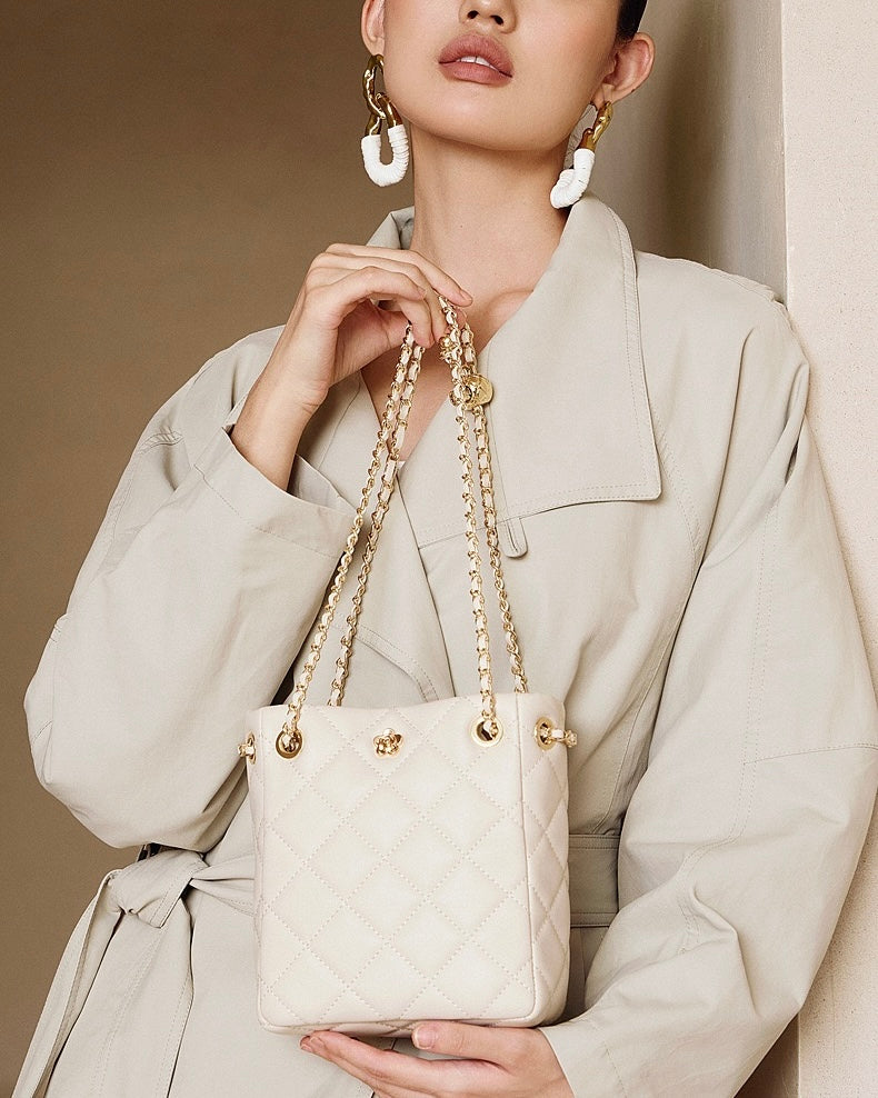 Elegant Genuine Leather Quilted Crossbody Bag with Chain Strap