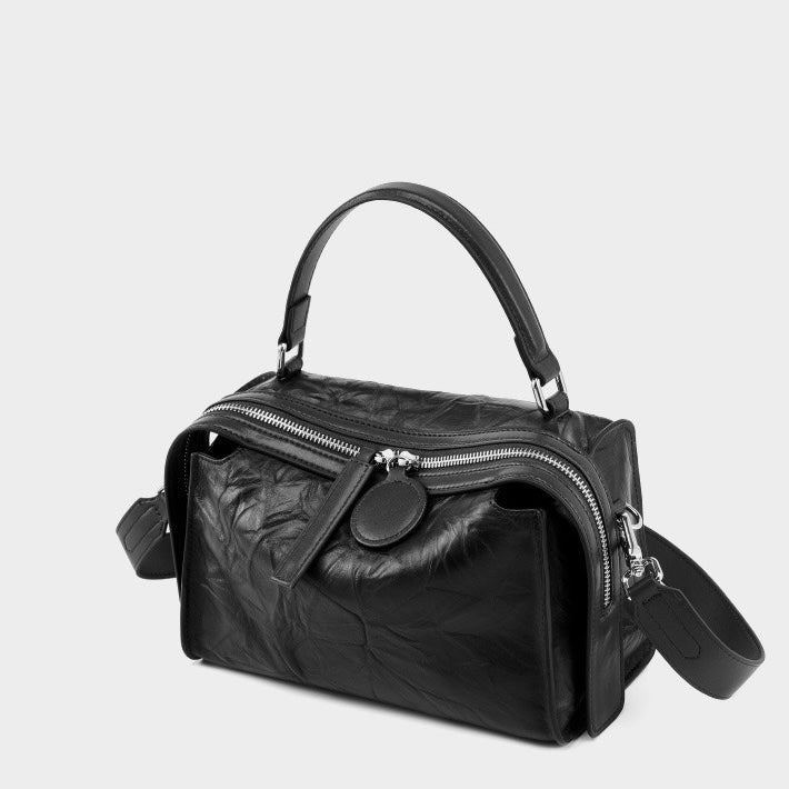 Crinkled Leather Boston Bag: Sophisticated Handheld & Crossbody Elegance