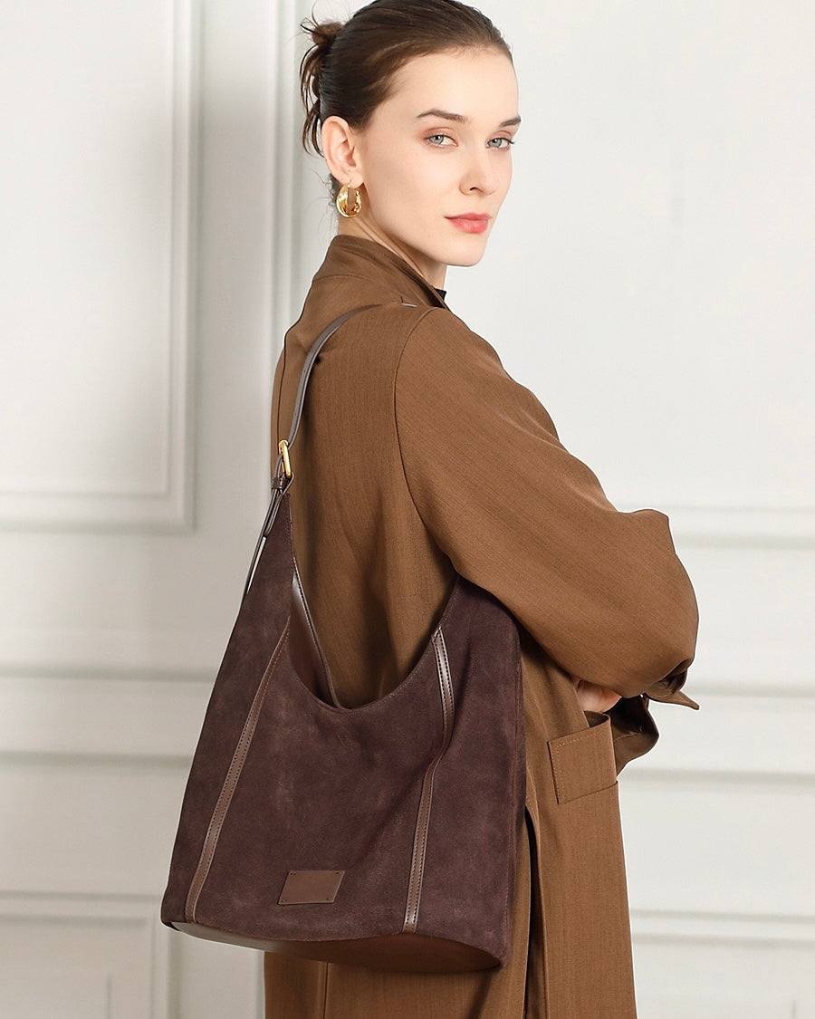 Suede Structured Hobo Bag with Elegant Contrast Stitching