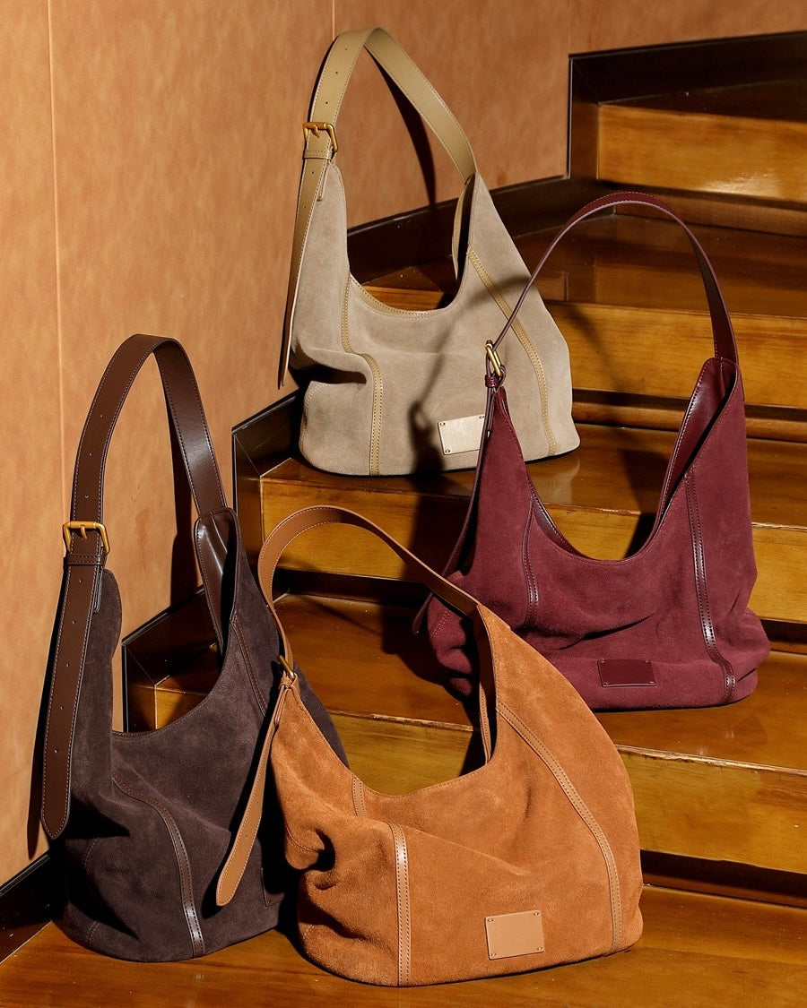 Suede Structured Hobo Bag with Elegant Contrast Stitching