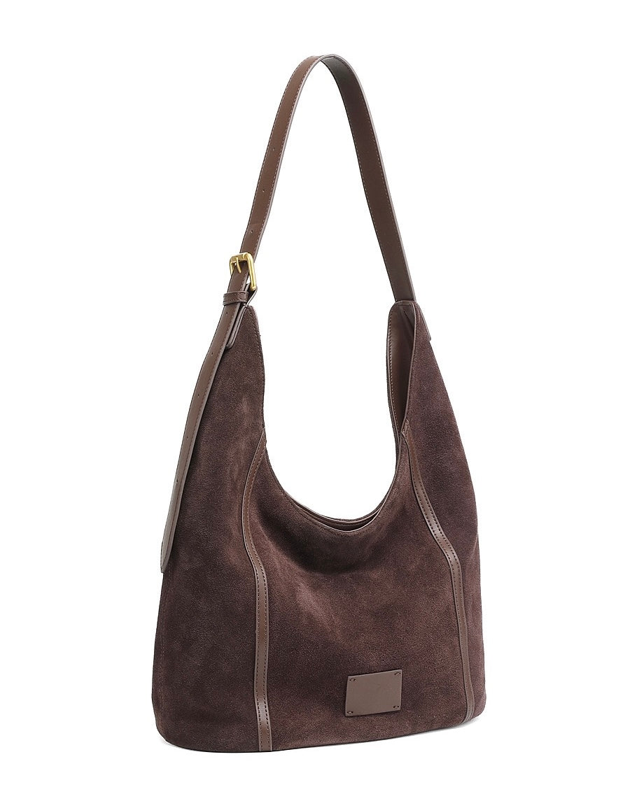 Suede Structured Hobo Bag with Elegant Contrast Stitching