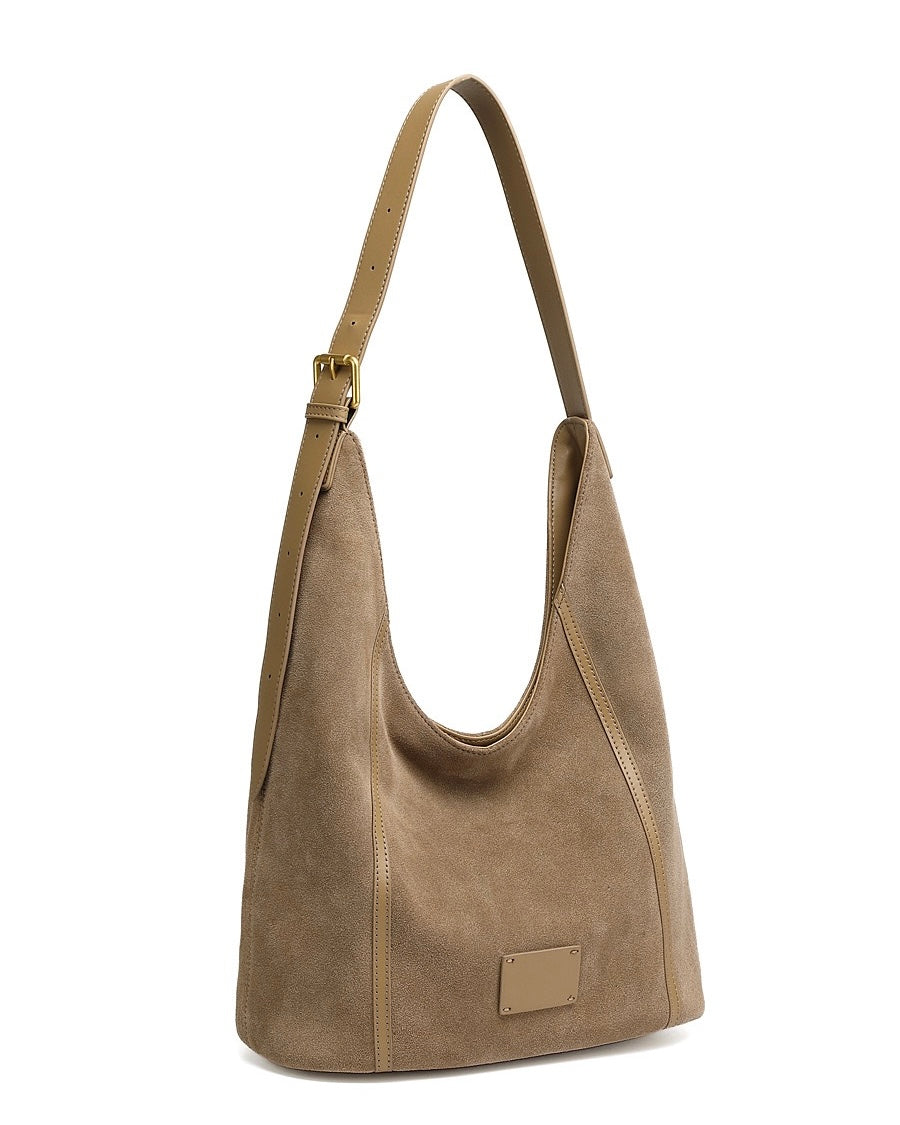 Suede Structured Hobo Bag with Elegant Contrast Stitching