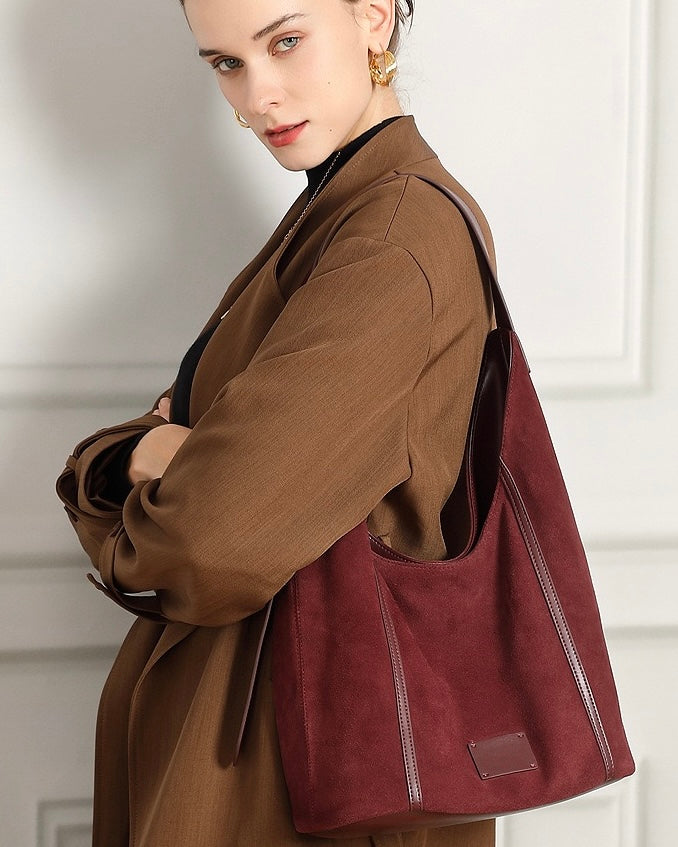 Suede Structured Hobo Bag with Elegant Contrast Stitching
