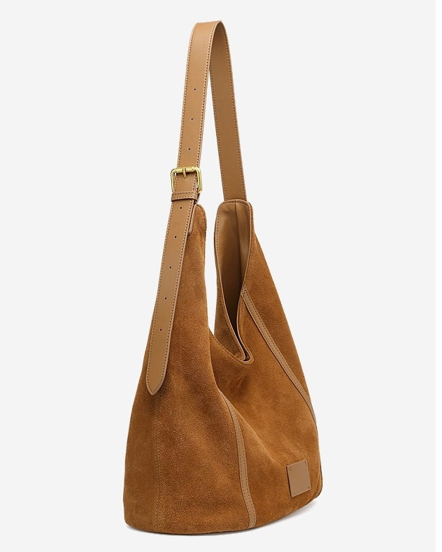 Suede Structured Hobo Bag with Elegant Contrast Stitching