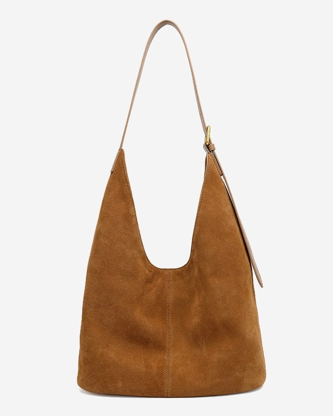 Suede Structured Hobo Bag with Elegant Contrast Stitching