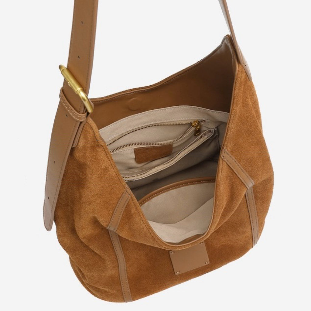 Suede Structured Hobo Bag with Elegant Contrast Stitching
