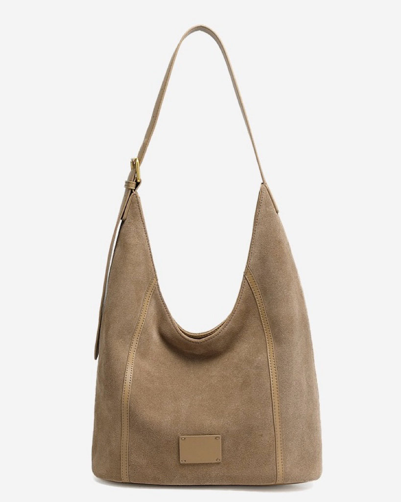 Suede Structured Hobo Bag with Elegant Contrast Stitching