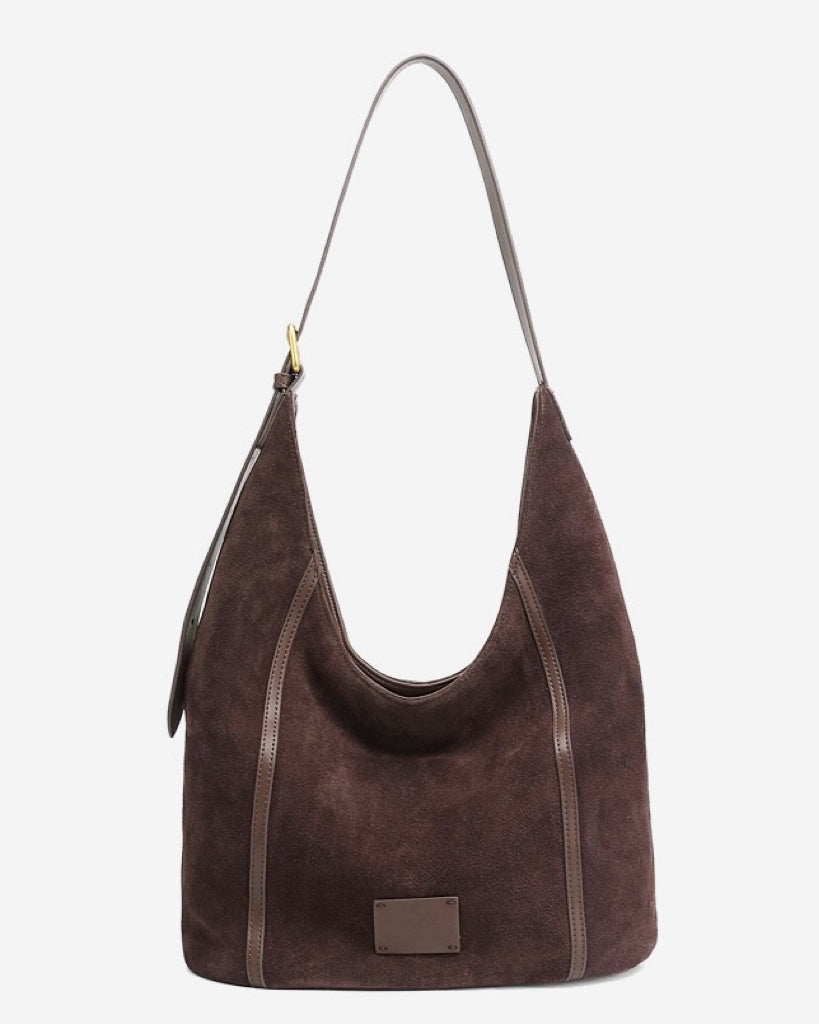 Suede Structured Hobo Bag with Elegant Contrast Stitching