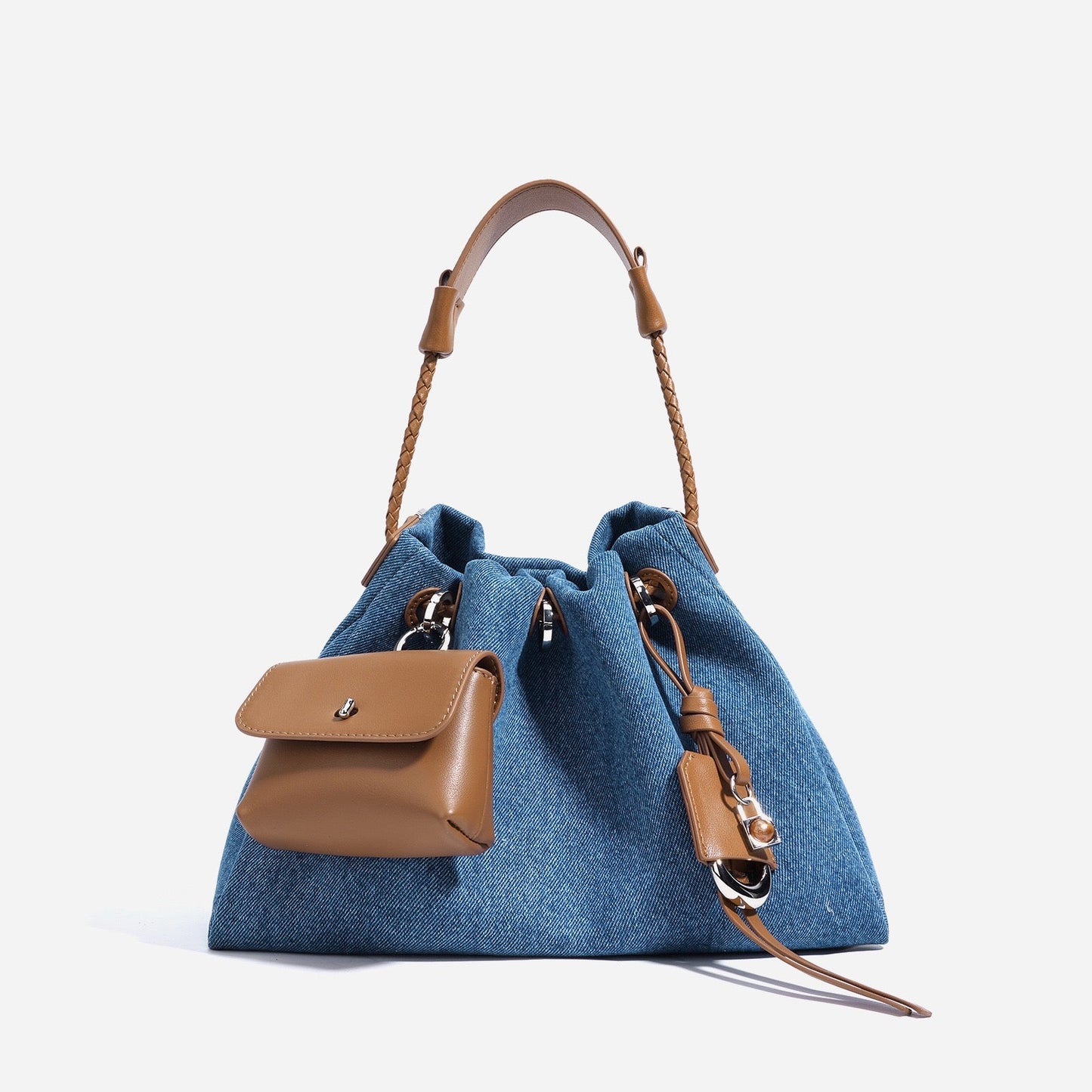 Genuine Leather and Denim Patchwork Hobo Bag
