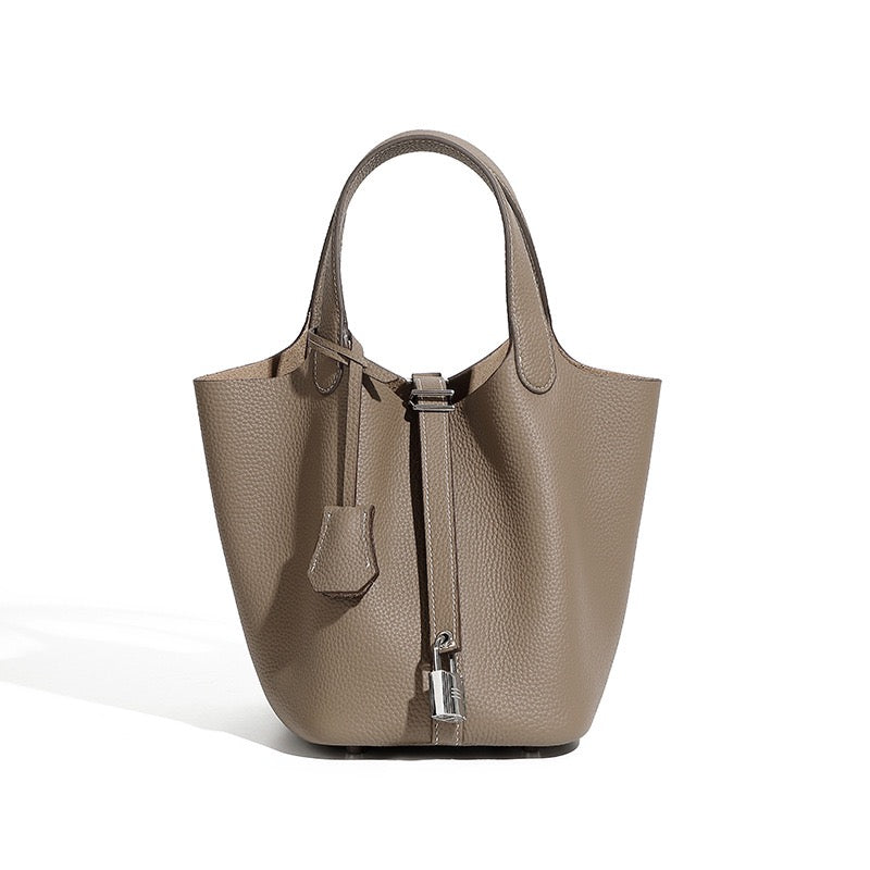 Elegant Women's Leather Basket Bag with Silver Buckle