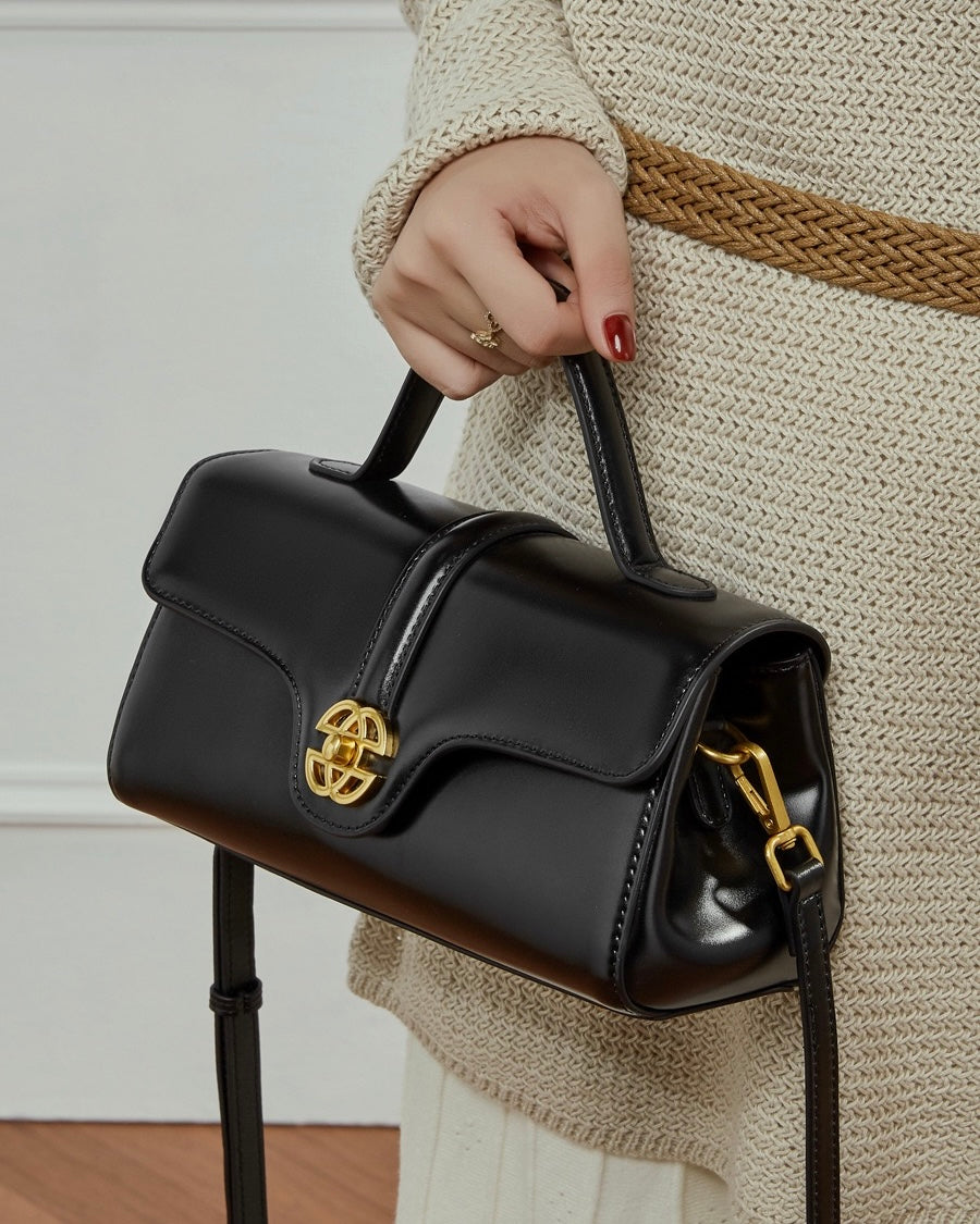 Elegant Genuine Leather Top-Handle Bag with Gilded Lock Closure