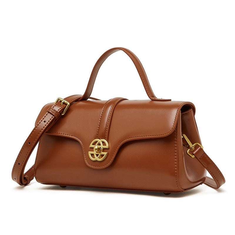 Elegant Genuine Leather Top-Handle Bag with Gilded Lock Closure