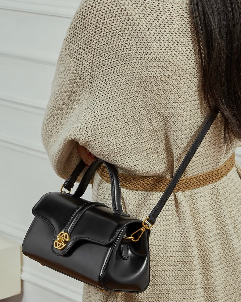 Elegant Genuine Leather Top-Handle Bag with Gilded Lock Closure