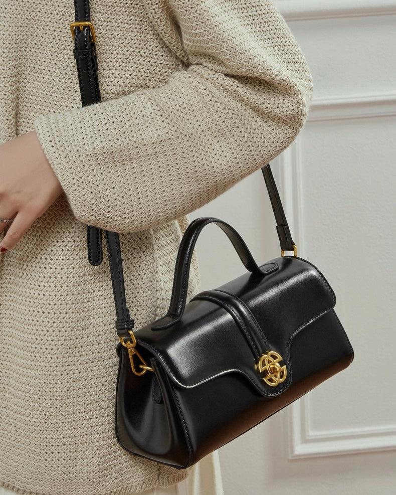 Elegant Genuine Leather Top-Handle Bag with Gilded Lock Closure