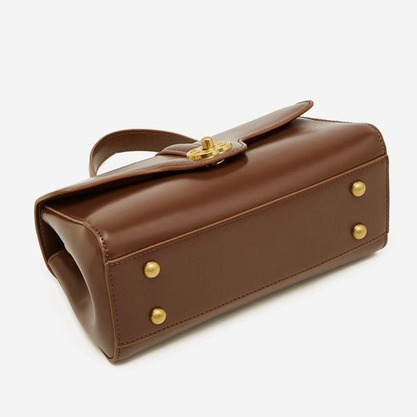 Elegant Genuine Leather Top-Handle Bag with Gilded Lock Closure