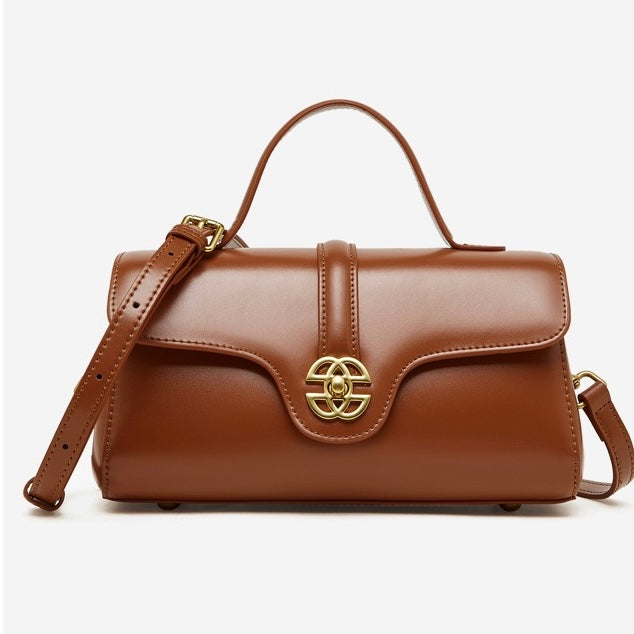 Elegant Genuine Leather Top-Handle Bag with Gilded Lock Closure