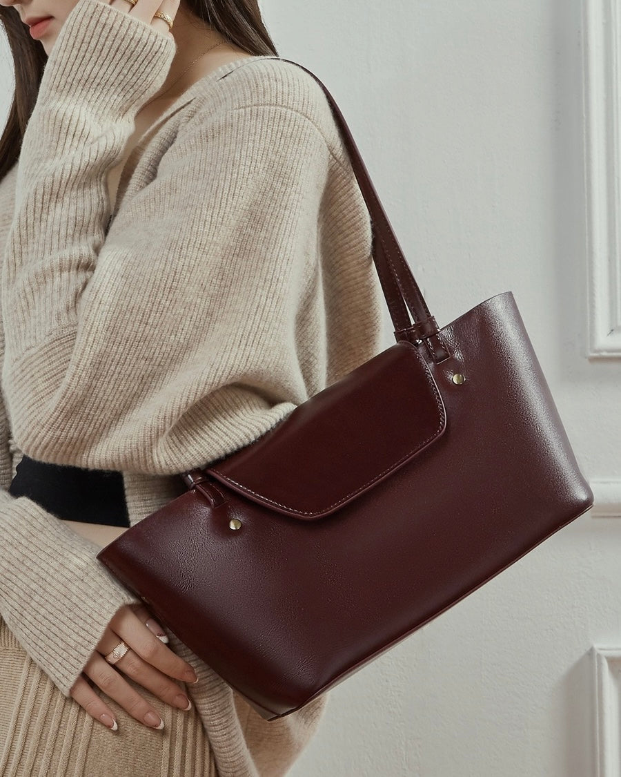 Elegant Genuine Leather Flap Tote with Versatile Straps