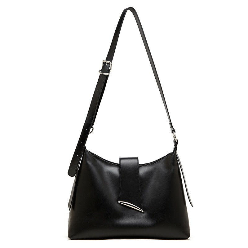 Chic Smooth Leather Hobo Bag with Architectural Hardware