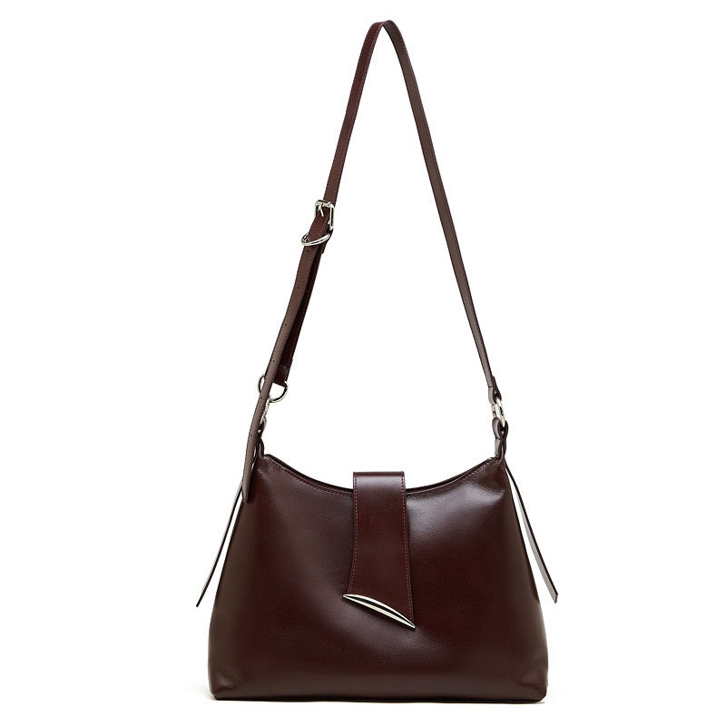 Chic Smooth Leather Hobo Bag with Architectural Hardware