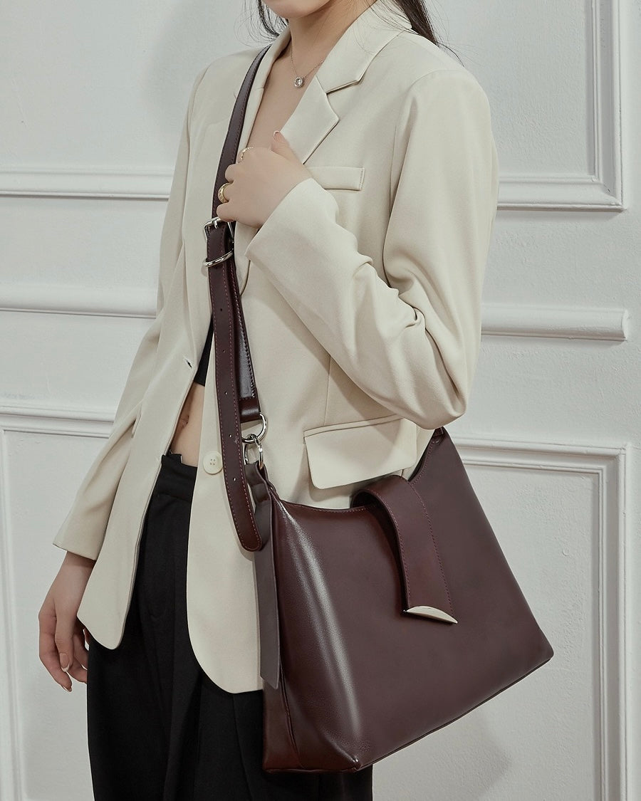 Chic Smooth Leather Hobo Bag with Architectural Hardware