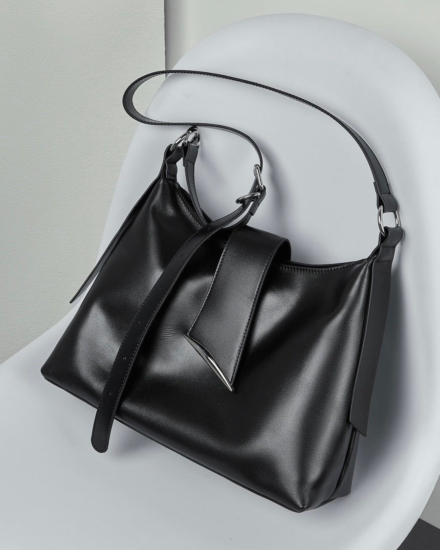 Chic Smooth Leather Hobo Bag with Architectural Hardware