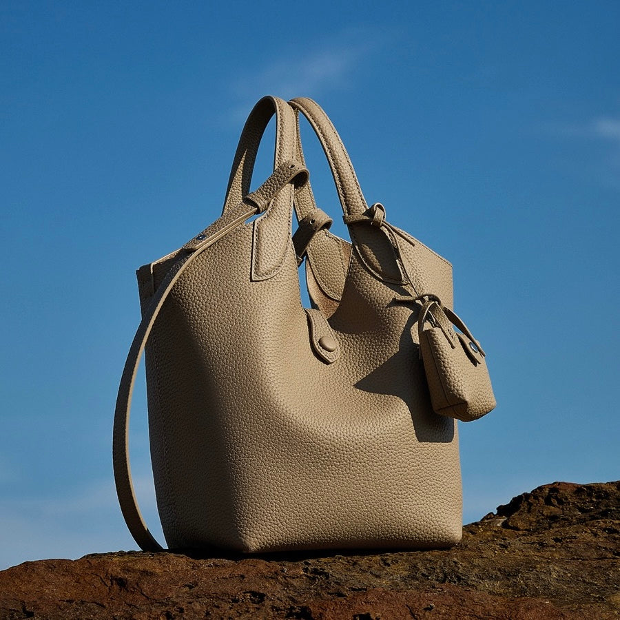 Elegant Pebbled Leather Bucket Bag with Mini Pouch