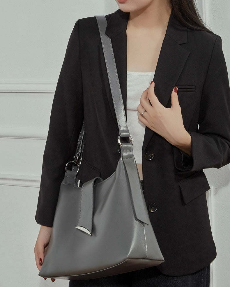 Chic Smooth Leather Hobo Bag with Architectural Hardware