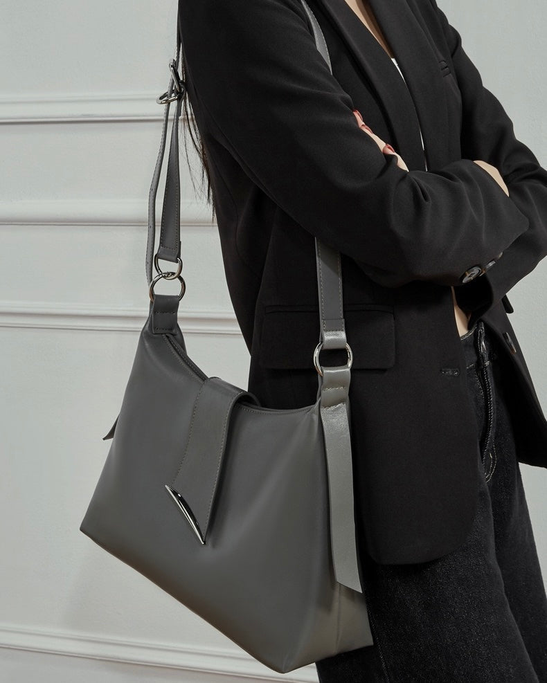 Chic Smooth Leather Hobo Bag with Architectural Hardware