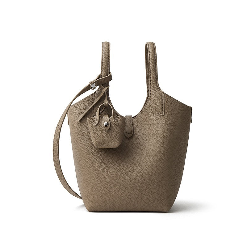 Elegant Pebbled Leather Bucket Bag with Mini Pouch