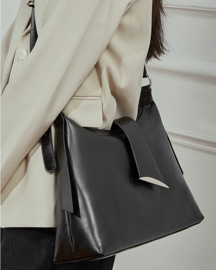 Chic Smooth Leather Hobo Bag with Architectural Hardware