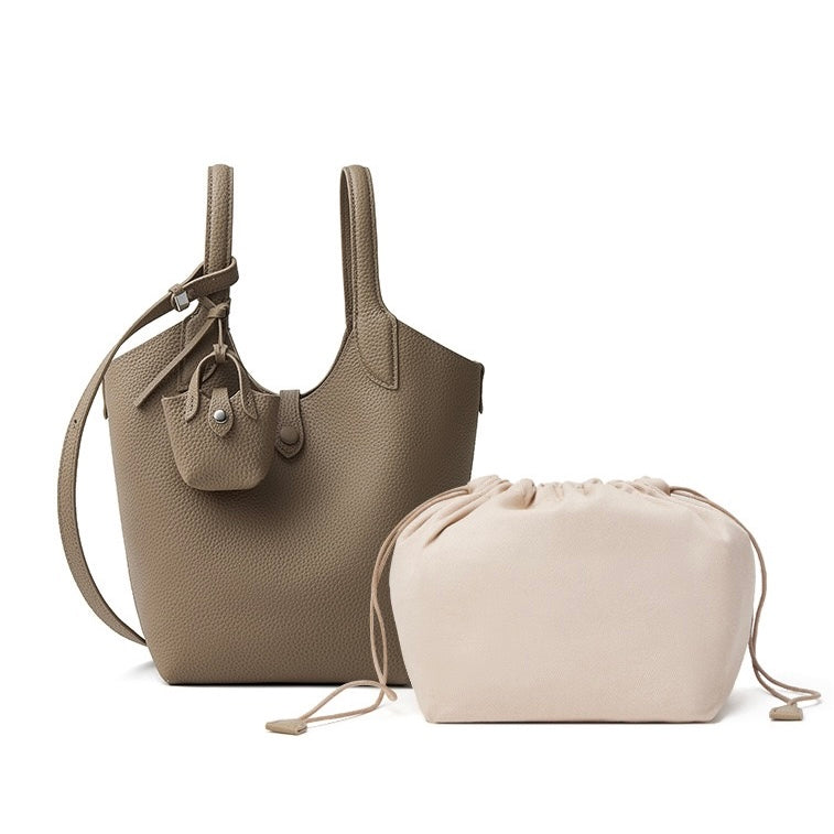 Elegant Pebbled Leather Bucket Bag with Mini Pouch